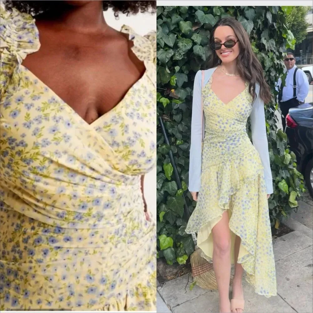 Abercrombie Fitch Ruffle Strap High Low Maxi Dress Size Medium NWT Floral Yellow - Picture 3 of 12